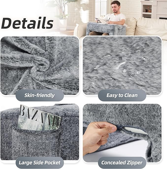 Homguava Reading Pillow Memory Lap Desk Foam Pillow for Adults Gaming Pillow Arm Rest Pillow for Reading, Crocheting, Gaming or Sitting in Bed (Furry Grey, Large)