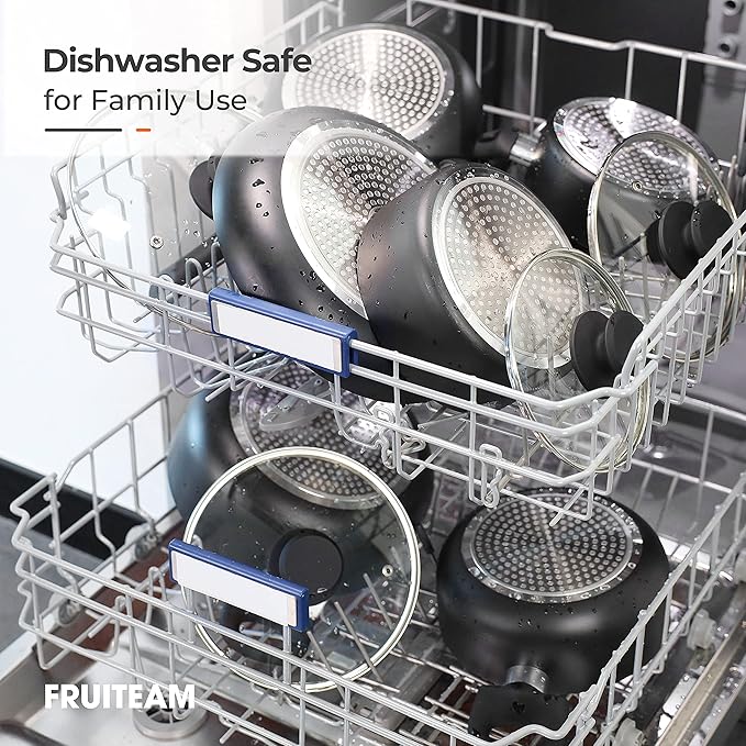 FRUITEAM 10-Piece Black Aluminum Cookware Set with Lids, Includes Soup Pot, Milk Pot and Frying Pans, Induction Gas and Electric Stovetop Compatible