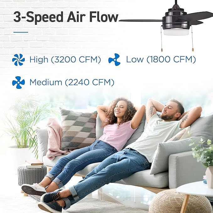 COMMERCIAL COOL 42” Modern Ceiling Fan with Lights, Cools up to 175 Sq. Ft.,Ideal for Medium Sized Rooms,Featuring 3 Air Flow Speeds with Dual Chain,3 Reversible Dual Finish Blades in Black & Graphite