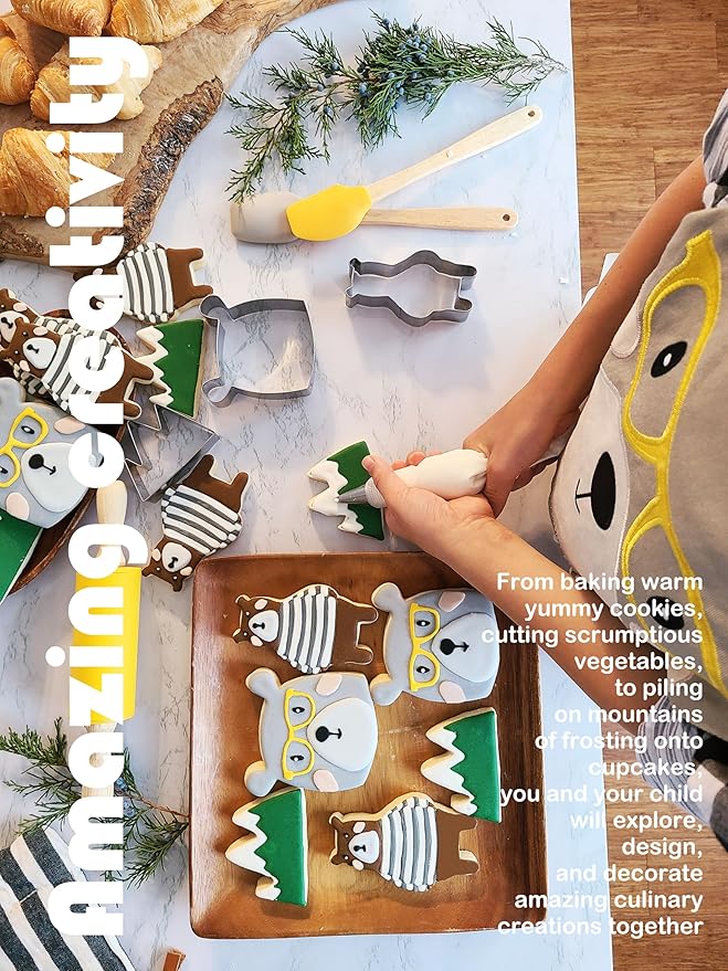 35-Piece Kids Baking Set with Teddy Bear Apron, Kid Friendly Knives, Cookie Cutters, Rolling Pin, Cutting Board, Whisk, Real Silicone Kitchen Accessories for Cooking and More