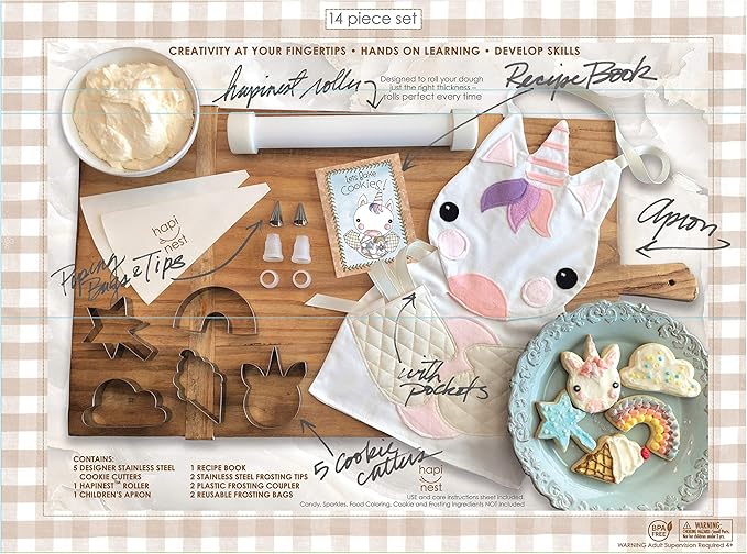 Hapinest Unicorn Cookies Baking Set for Kids Girls Real Baking Kit Gifts Ages 4 5 6 7 8 Years Old - Unicorn Apron, Unicorn Theme Cookie Cutters, Piping Bags and Tips, Cookie Dough Roller