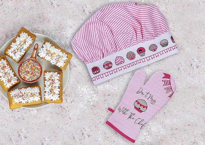 AMOUR INFINI Cupcakes Baking 3-Piece Kitchen Set Cotton Kid's Aprons, Oven Mitts, and Chef Hats Kitchen Play,Cooking,Grilling,Baking Gift for Girls, Boys & Junior Chefs Heat Resistant Reusable