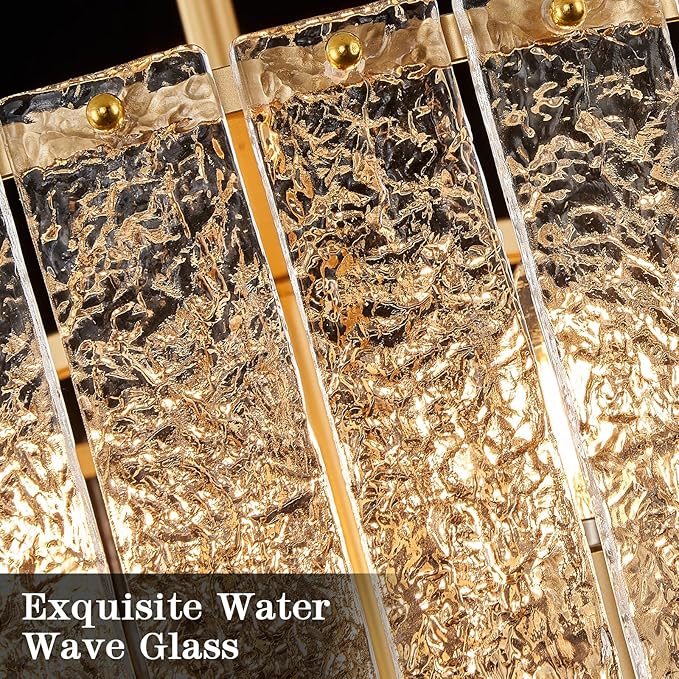 Modern Glass Chandelier Gold Drum Chandelier Light Fixture Round 24in Dining Room Chandelier Lighting 8 Light Ripple Glass Chandelier for Living Room Bedroom Entry Foyer