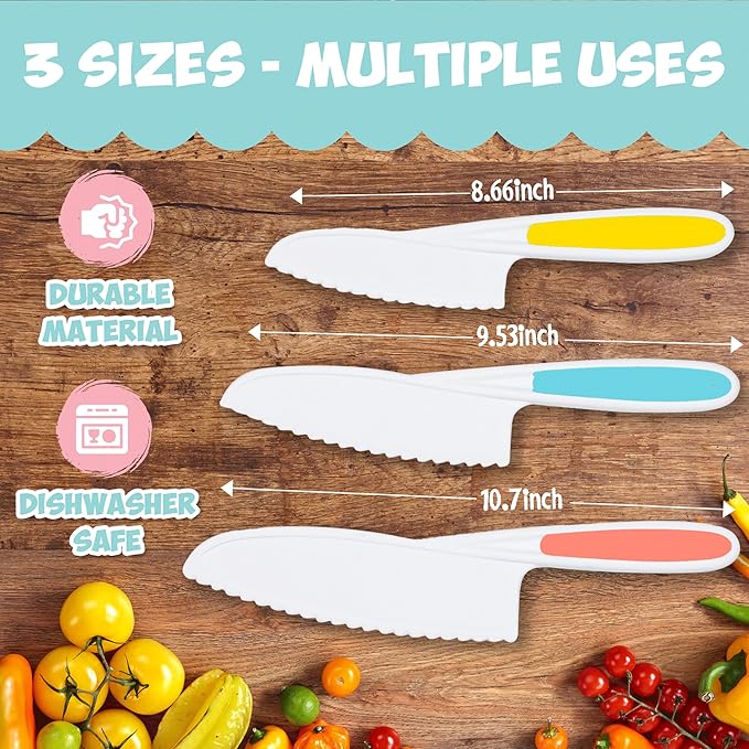 Kid Knives 3 Piece Nylon Kitchen, Kid Safe Knives, Kids Knives for Real Cooking, Toddler Knives Kids Knife Set for Cooking and Baking Kid Friendly Knives - (Assorted color)