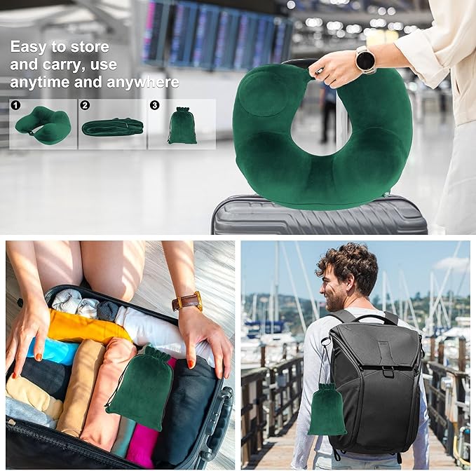 Inflatable Travel Pillow, Comfortable & Supportive Neck Pillow for Traveling, Pain Relief Sleeping Neck Pillows for Airplanes/Cars/Buses/Trains/Office Napping (Green)