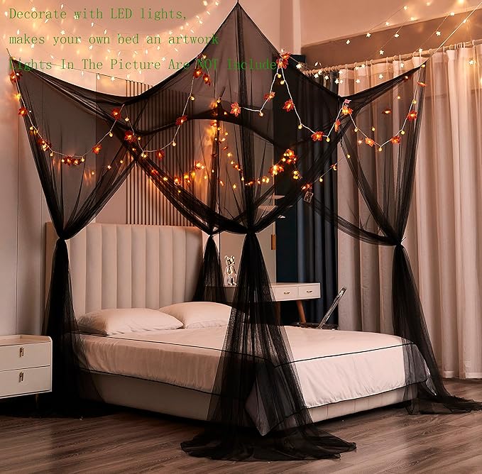 Mengersi Bed Canopy,Canopy Bed Curtains Bed Drapes for Full Queen King Size Bed,Mosquito Net Bed Curtains for Patio Indoor Outdoor Net,Black Bed Canopy Curtains for Gothic,Halloween Decoration
