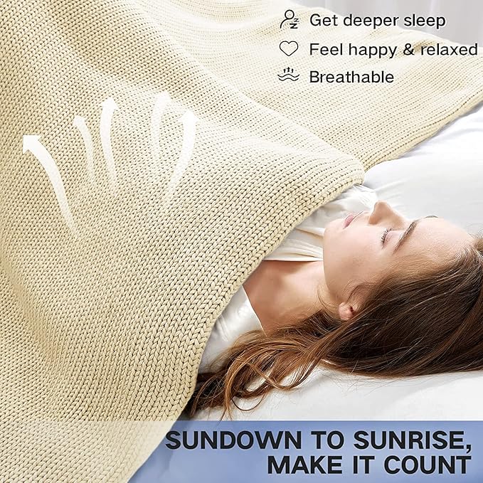 Knitted Weighted Blanket(Cream 50"x60" 10lbs),Home Décor Cooling Throw Blanket for Hot Sleepers,Hand Made Chunky Knit Heavy Blanket or Adults Use on Twin Size Bed