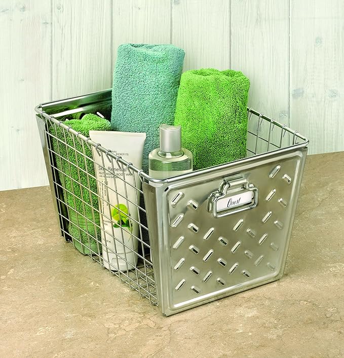 Tovolo Macklin, Stamped Steel & Wire Basket for Closet & Cubby Storage Vintage-Inspired Design with Customizable Label Plate, Medium, Zinc