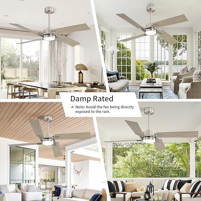 WINGBO 72 Inch DC Ceiling Fan with Lights and Remote, 4 Plywood Blades, 6-Speed Reversible DC Motor, Dimmable, 3CCT, Farmhouse Large Ceiling Fan for Bedroom Living Room Patio, Brushed Nickel and Gray