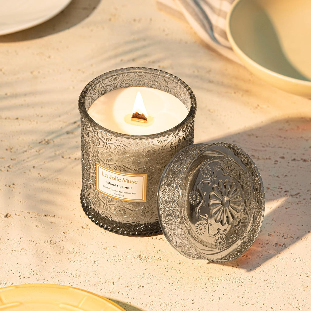 LA JOLIE MUSE Vanilla Coconut Candle – Coconut, Freesia & Vanilla | 19 oz Large Wooden Wick Candle | Natural Soy Wax | 90 Hours Clean Burn | Gift-Ready for Hosts & Gatherings | Elegant Home Décor