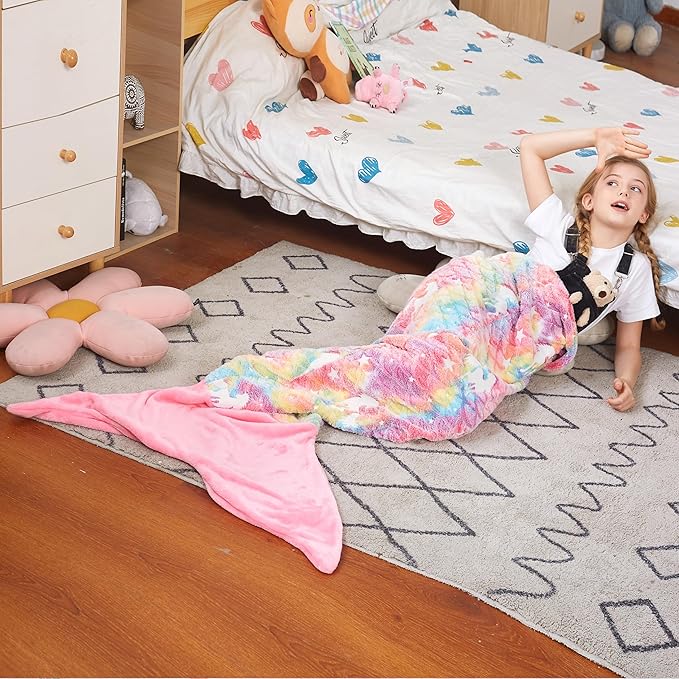 Catalonia Mermaid Tail Blanket for Girls, Glow in The Dark Mermaid Sleeping Bag, Unicorn Pattern, Gift Idea for Kids