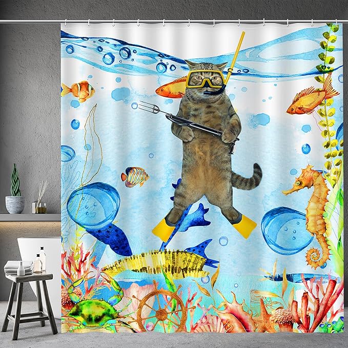 Aimego Extra Long Shower Curtain - Funny Cat Sea Ocean Animal Tropical Fish Coral Seahorse Fabric Cloth Shower Curtain Set with 12 Hooks for Bathroom Decor Accessories Bathtub Curtain, 72"x84"