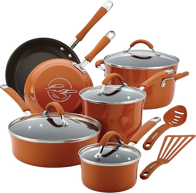Rachael Ray Cucina Nonstick Cookware Pots and Pans Set, 12 Piece, Pumpkin Orange & 3-Piece Spatula Utensil Set, Orange