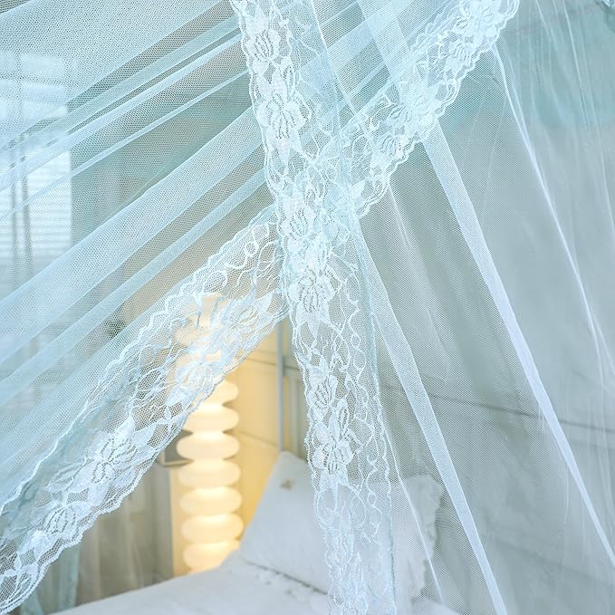 Bed Canopy, Princess Bed Curtain Net for Girls & Adults，Three-Doors Rectangle Lace Dome Netting (Green, King)