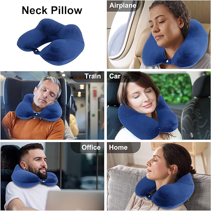 Inflatable Travel Neck Pillows for Airplanes, Long Flight Must Haves for Sleeping to Avoid Neck and Shoulder Pain, Comfortably Support Head and Neck for Flight, Car, Bus and Office (Blue)