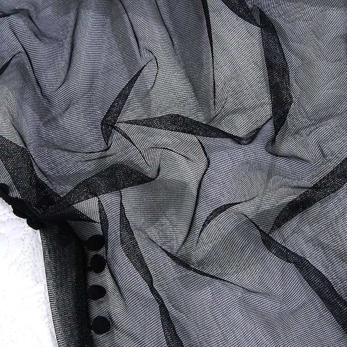 Akiky Pom Pom Canopy Bed Curtains Princess Bed Canopy Scarf for Full/Queen Metal Bed Frame,Wood Frame Bed-2 Panel Sheer Canopy Curtain(Black)